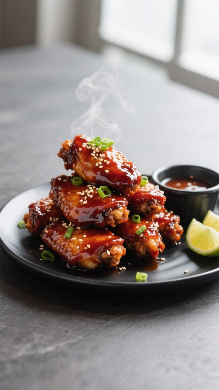 Final dish presentation: Beautifully plated Sticky Korean BBQ Chicken Wings stacked high on a matte 