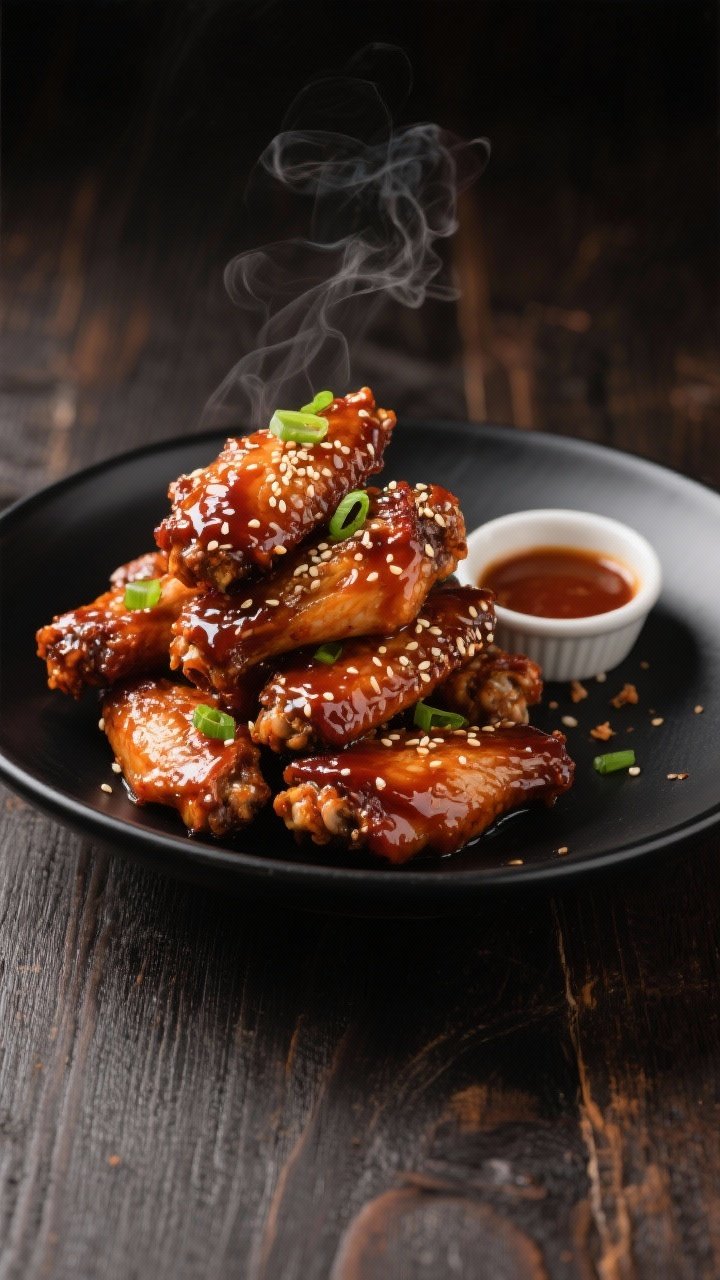 Final dish presentation: Beautifully plated Sweet & Spicy BBQ Chicken Wings stacked high in a matte 