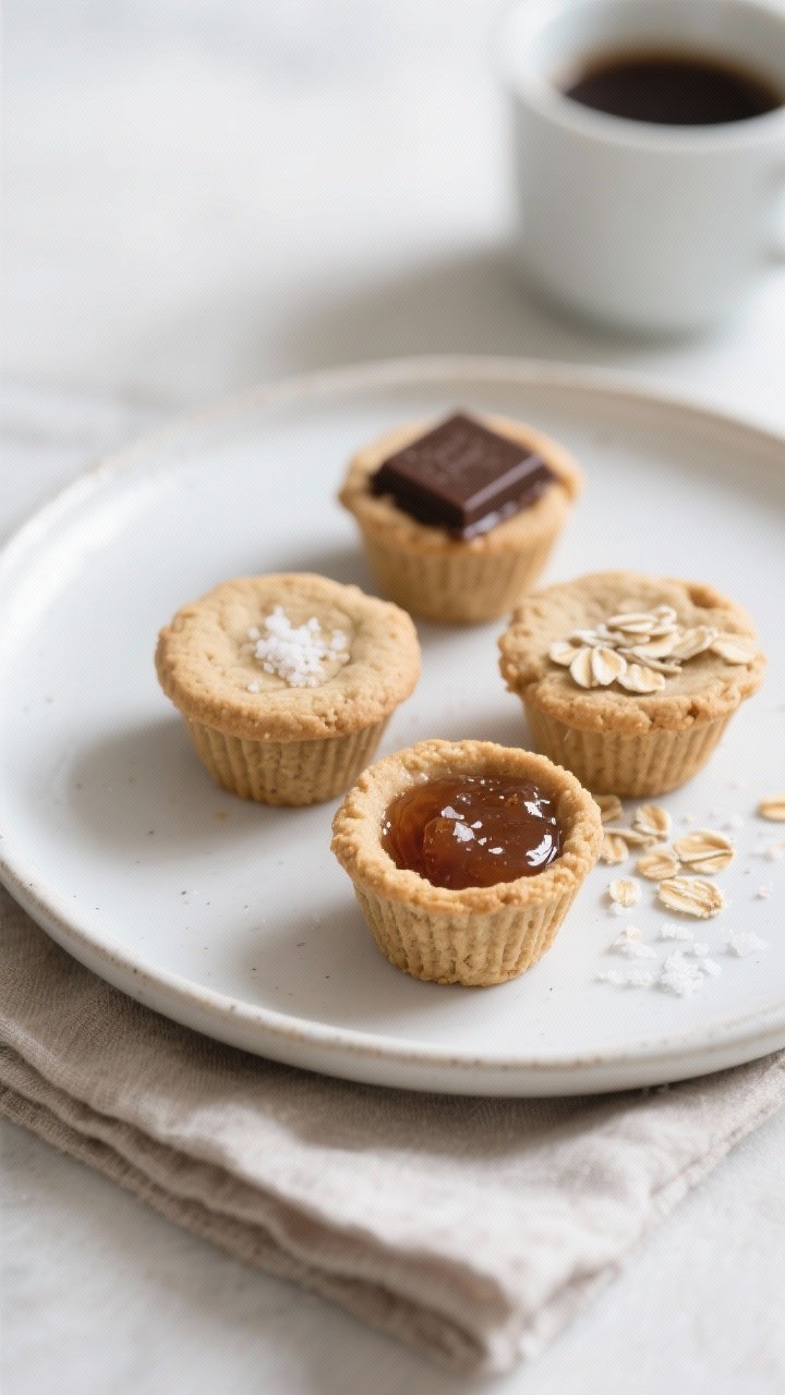 Final dish presentation: Beautifully plated trio of oat flour peanut butter cookie cups on a matte w