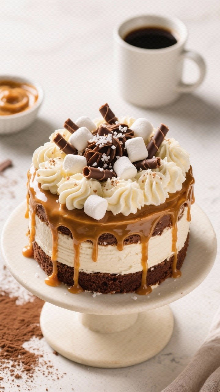 Final dish presentation: Full, frosted Salted Caramel Hot Chocolate Cake on a simple cake stand, dra