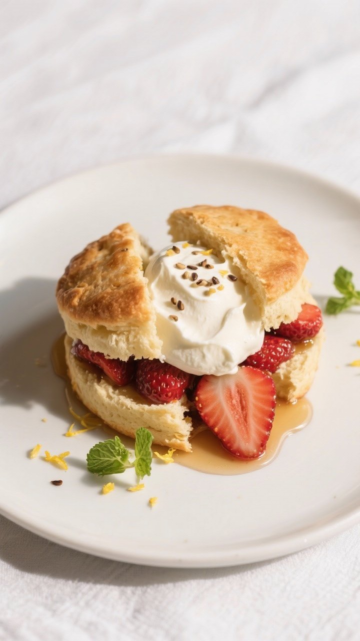 Final dish presentation: Fully assembled strawberry shortcake on a matte white plate—warm biscuit 