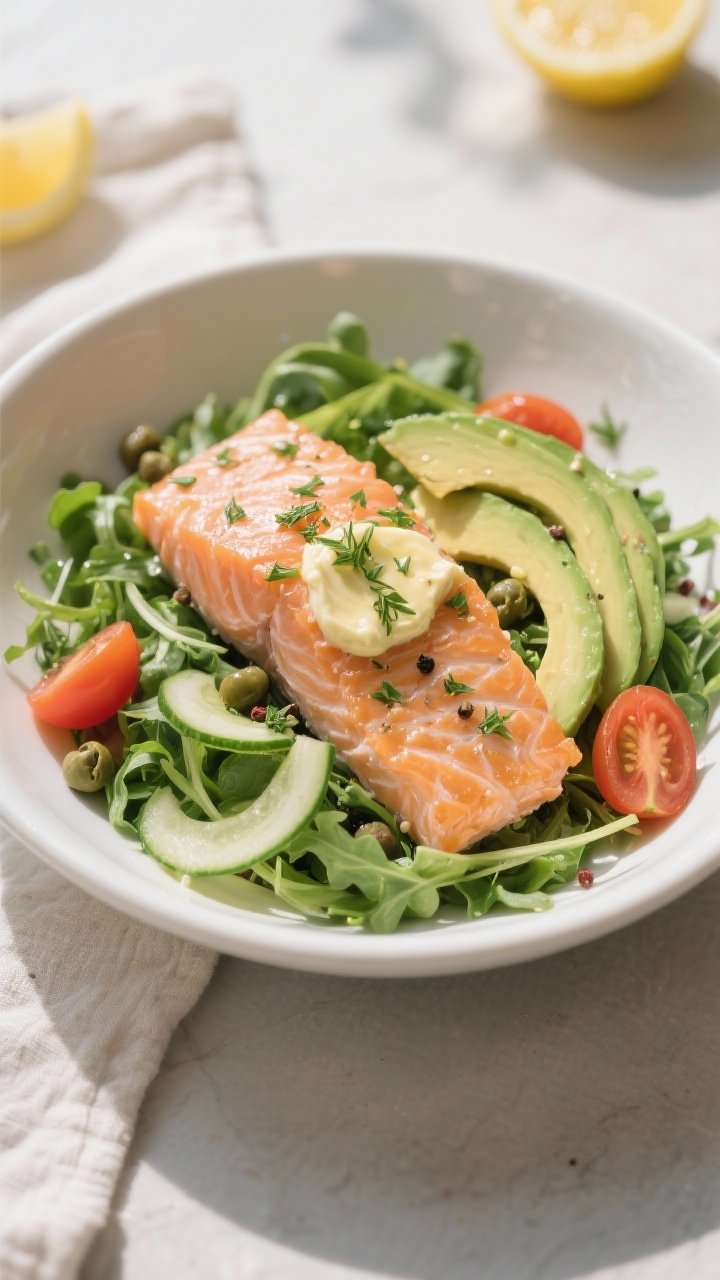 Final dish presentation: Keto Salmon Lunch Bowl plated in a wide, shallow white bowl—bed of lightl