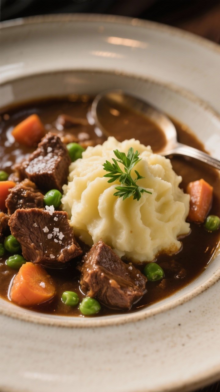 Final dish presentation, plated elegance: Restaurant-quality plating of beef stew over mashed potato