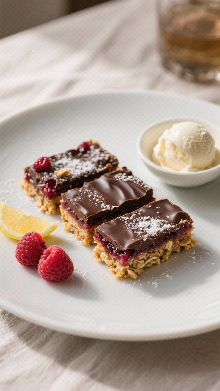 Final dish presentation: Restaurant-quality plate of neatly cut Dark Chocolate Raspberry Crumble Bar