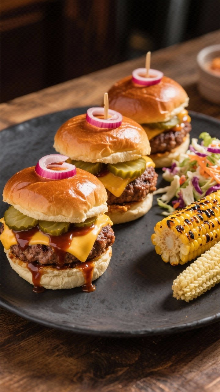 Final dish presentation: Restaurant-quality plate with three Smoky BBQ Turkey Sliders stacked slight