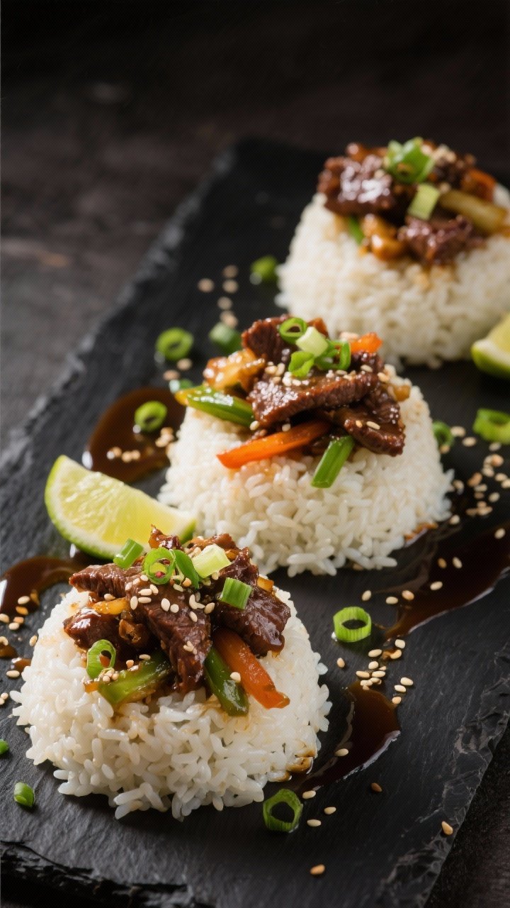 Final dish presentation: Restaurant-quality plated beef stir-fry with rice, three composed mounds of