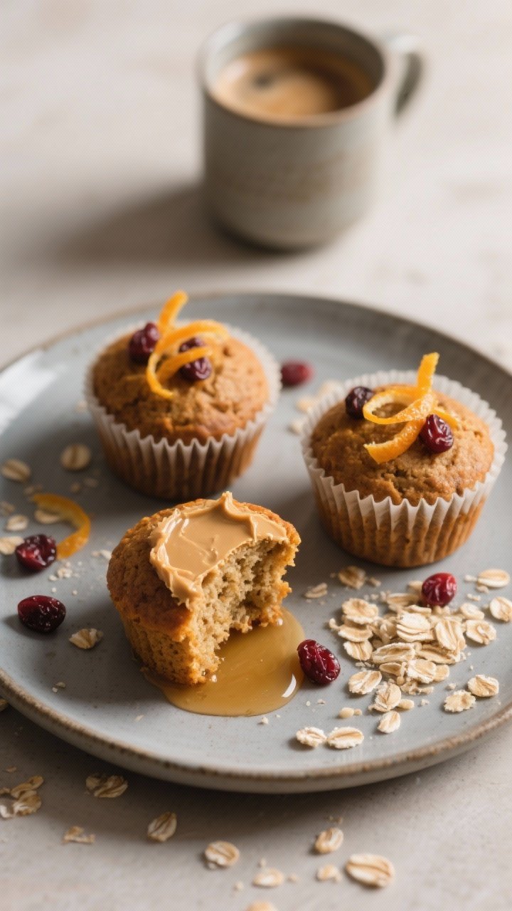 Final dish presentation: Restaurant-quality plated breakfast setting—three oat flour pumpkin muffi