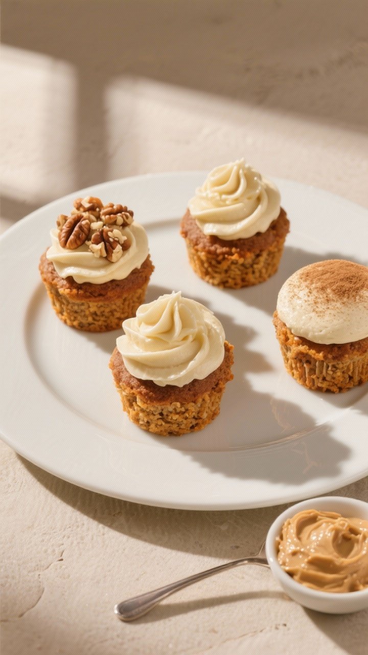 Final dish presentation: Restaurant-quality plated trio of carrot cake cupcakes on a matte white pla