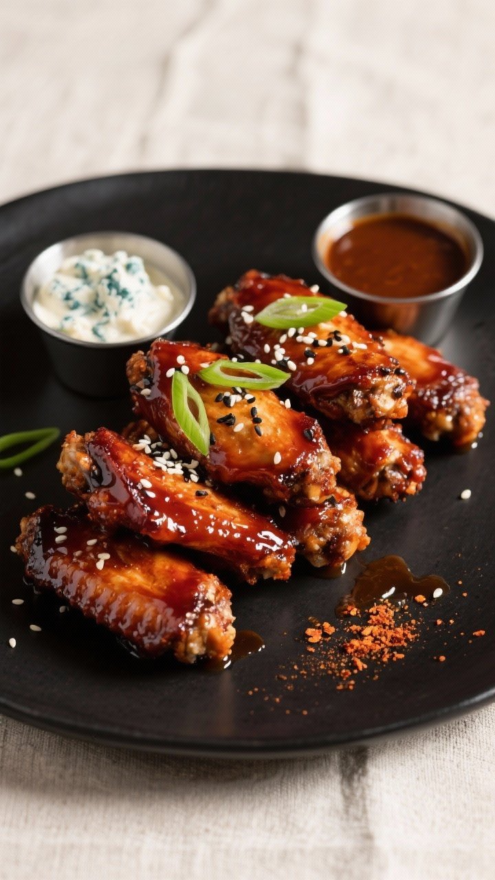 Final dish presentation: Restaurant-quality plating of BBQ chicken wings stacked on a matte black pl