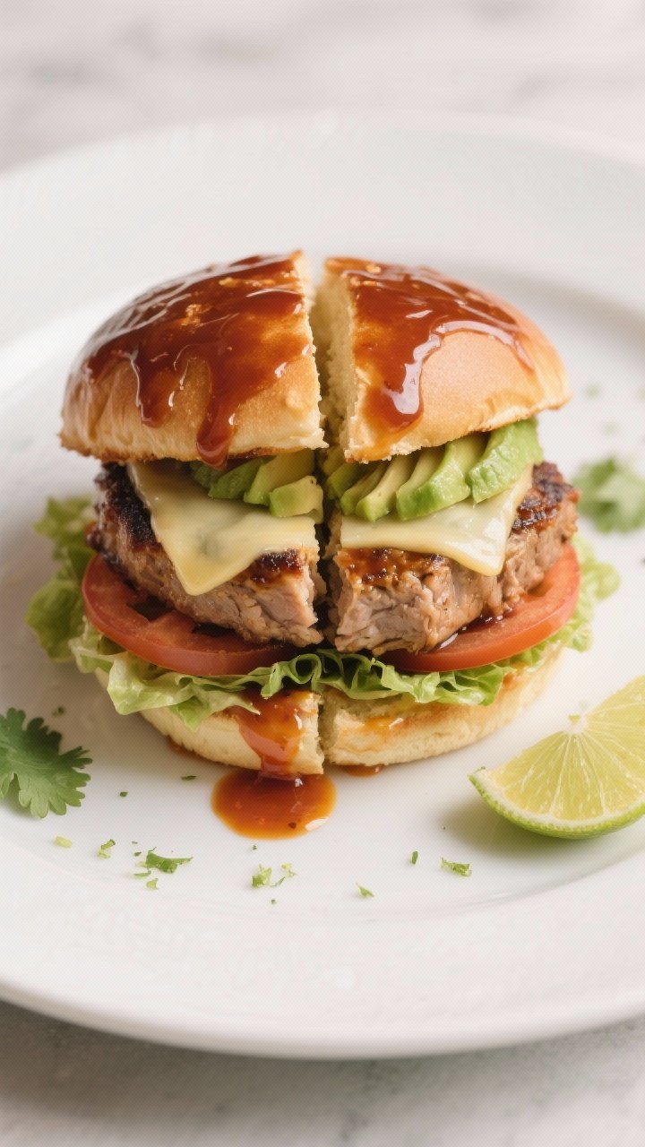 Final dish presentation: Restaurant-quality plating of a single Chipotle Lime BBQ Turkey Burger cut 