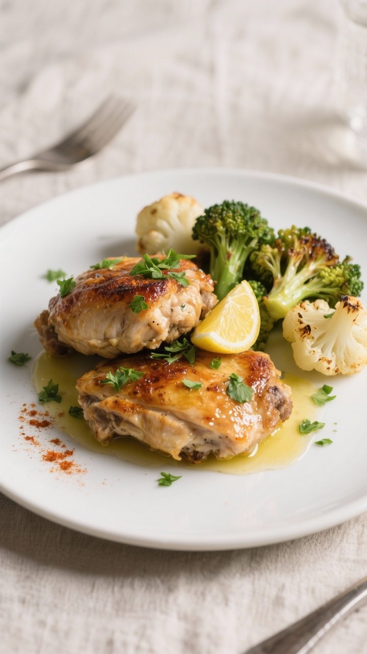 Final dish presentation: Restaurant-quality plating of herb butter roasted keto chicken thighs on a 