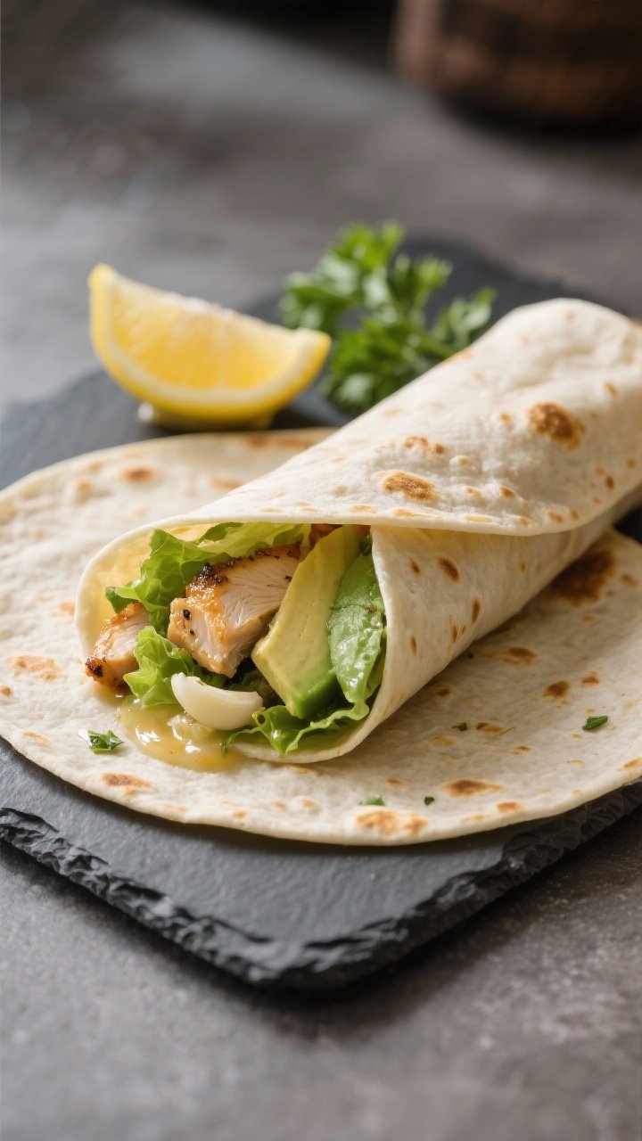 Final dish presentation: Restaurant-quality wrap scene featuring a tortilla-style thinner flatbread 