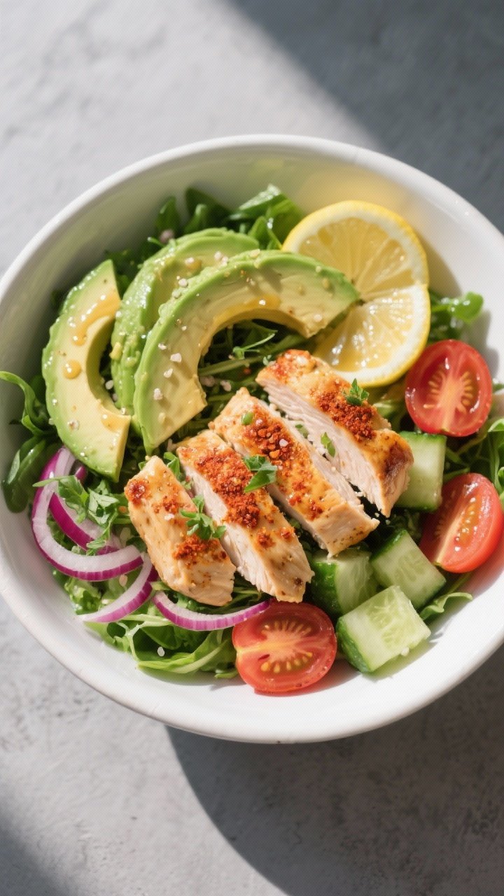 Final dish presentation: Tasty of Keto Chicken Avocado Lunch Bowls assembled—mixed greens base wit