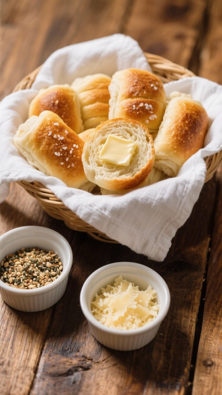 Final dish presentation: Tasty top-down shot of a small basket lined with a white linen napkin holdi