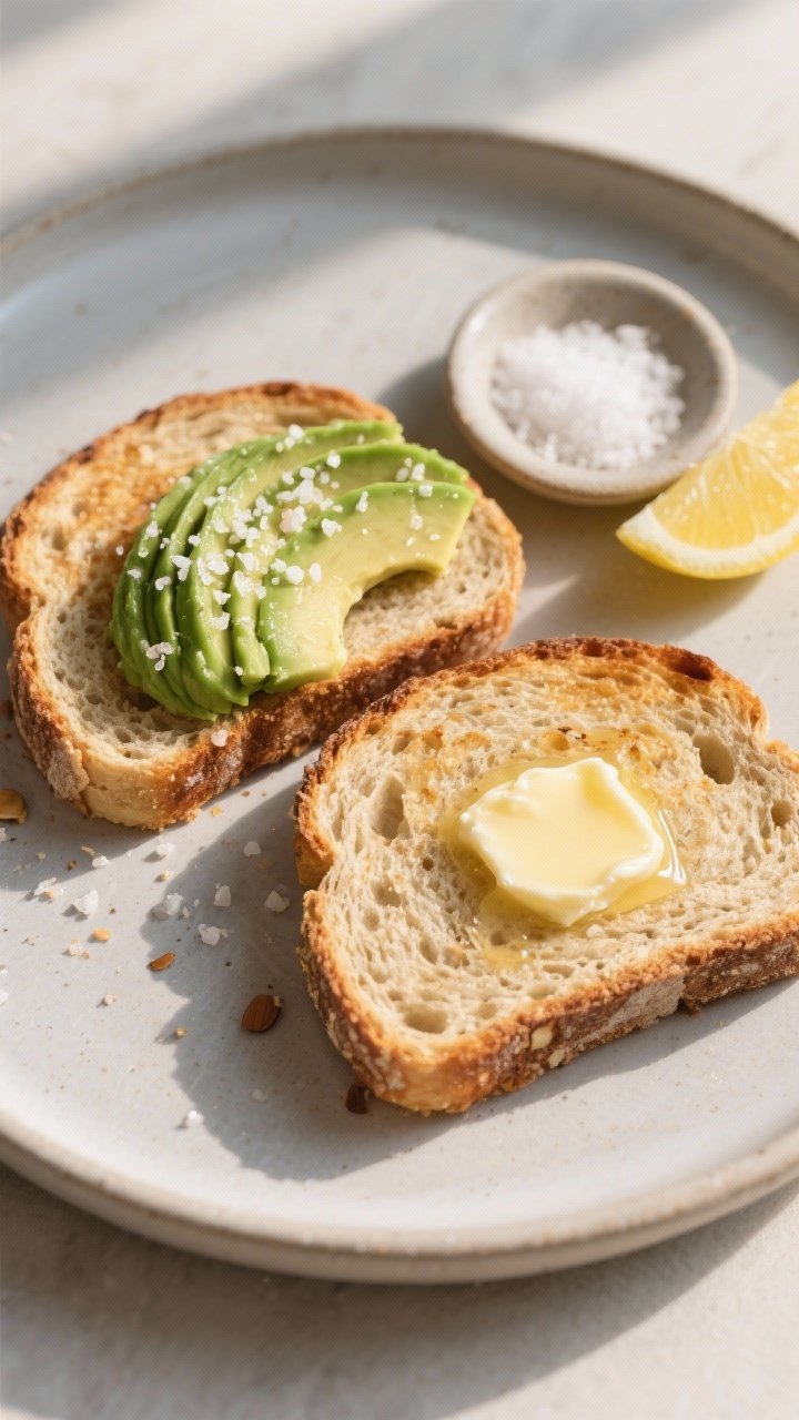 Final dish presentation: Toasted slices of keto almond flour bread on a matte ceramic plate, one sli