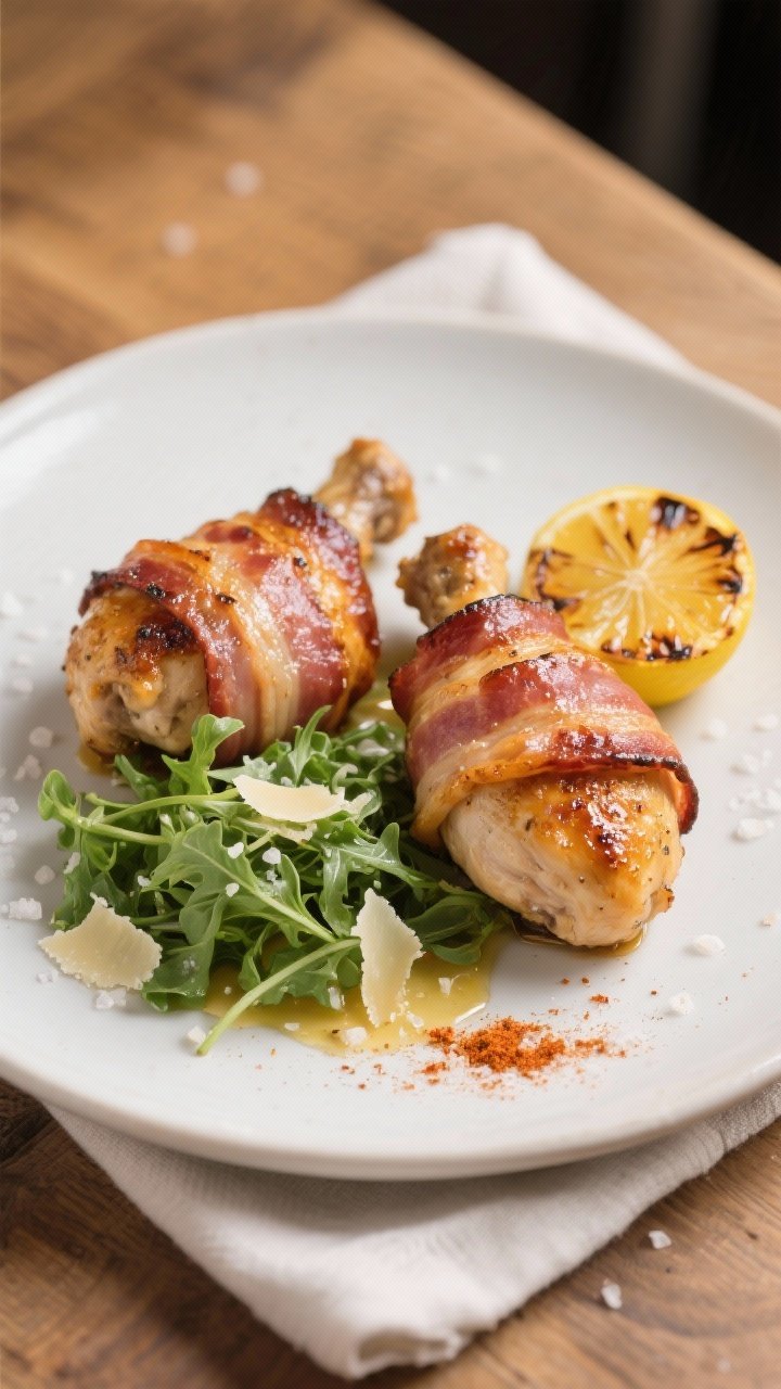 Final dish presentation: Two bacon-wrapped keto chicken thighs plated on a matte white dinner plate 