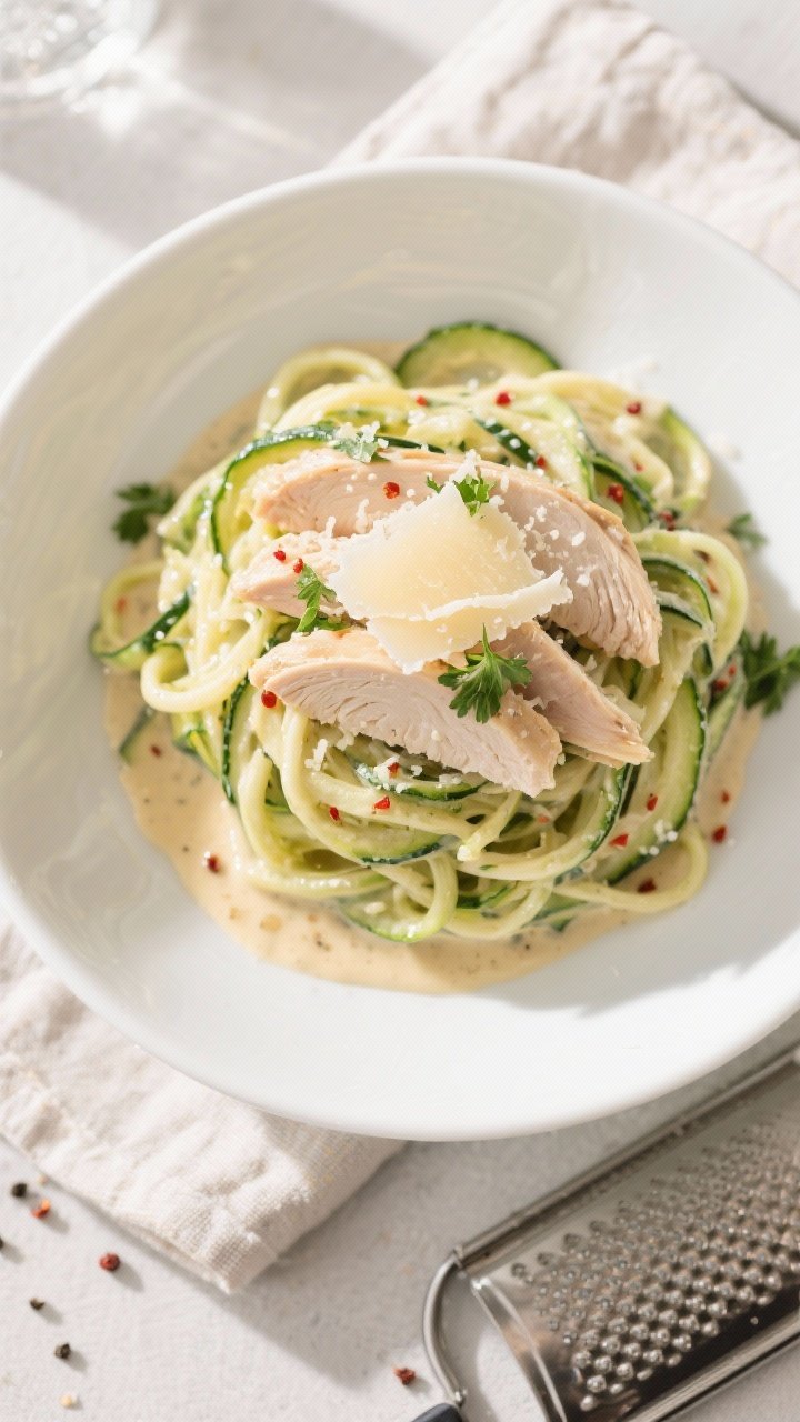 Final dish top view: Keto Zucchini Noodle Alfredo with Chicken plated in a wide white bowl, zoodles 