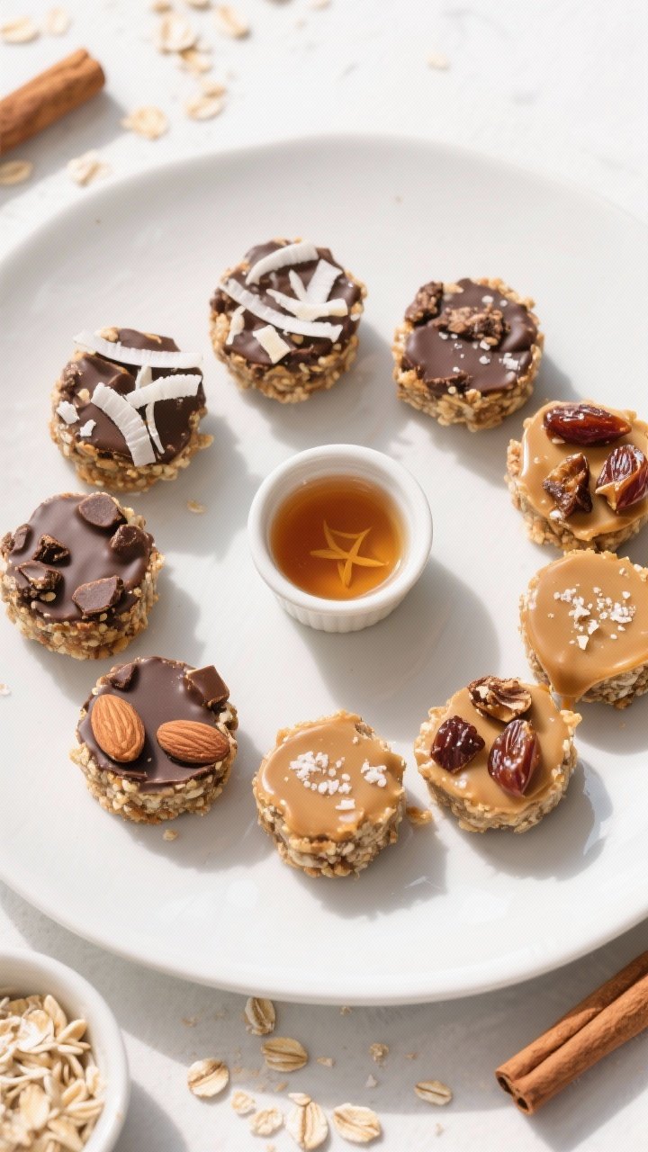 Final dish, top view: Overhead shot of a finished assortment of no-bake bites arranged in a circular