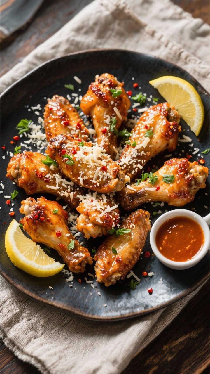 Final dish top view: Overhead shot of Spicy Garlic Parmesan Chicken Wings arranged on a dark ceramic