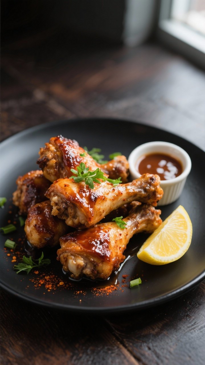 Final plated beauty shot: Beautifully plated BBQ Ranch Chicken Drumsticks stacked on a matte black p