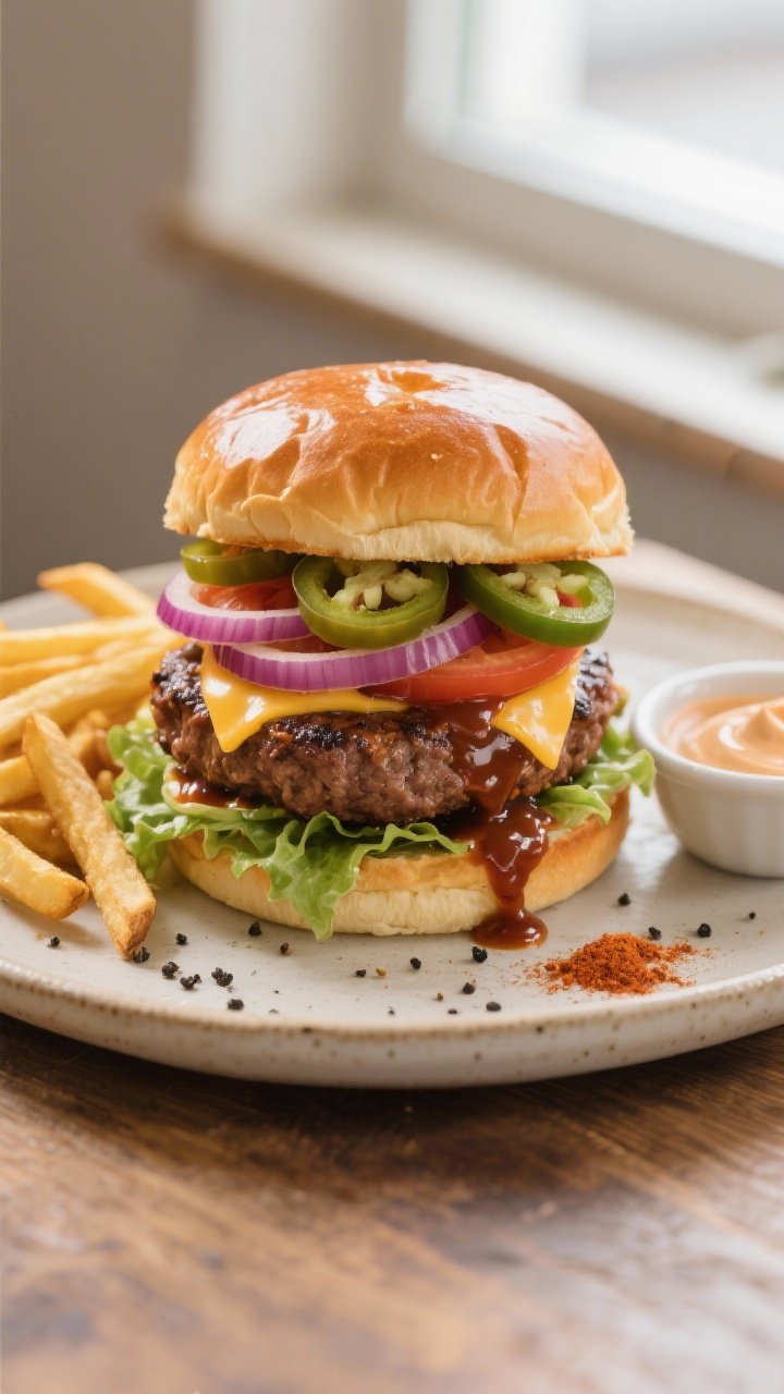 Final plated burger beauty: Smoky Chili BBQ Beef Burger stacked high on a toasted brioche bun—lett