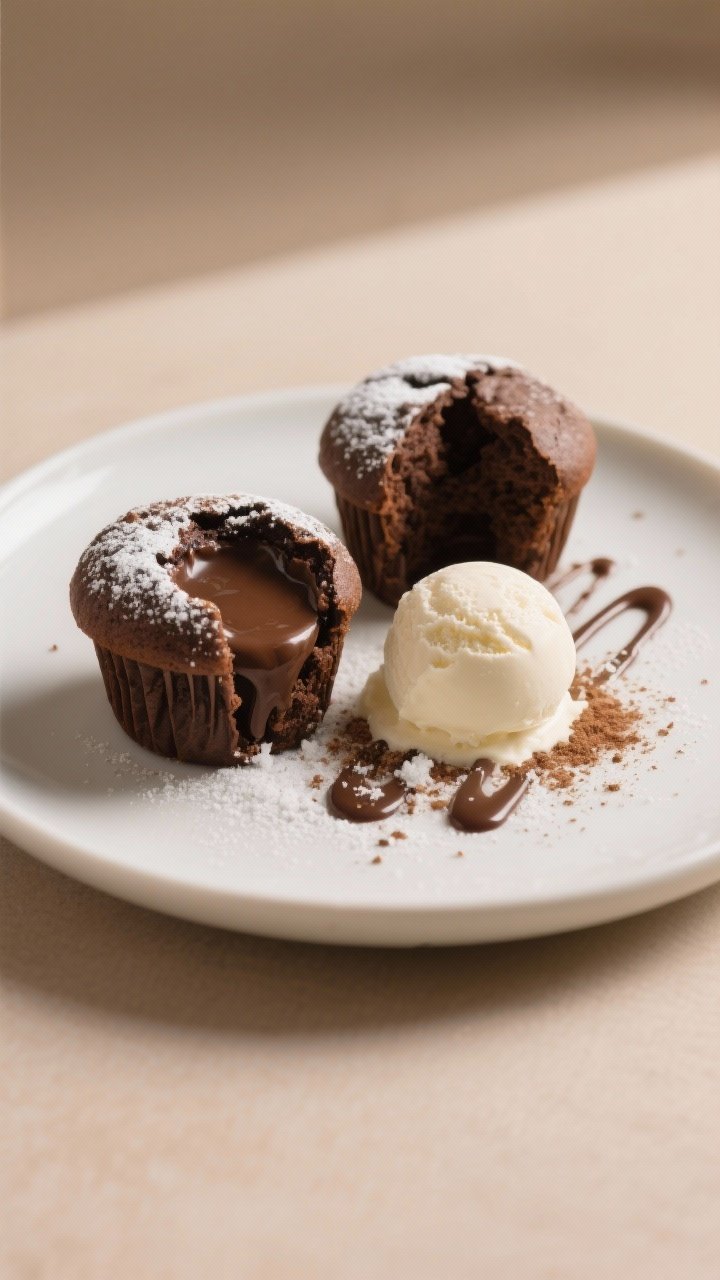 Final plated dessert: Restaurant-quality presentation of two chocolate lava muffins on a matte white