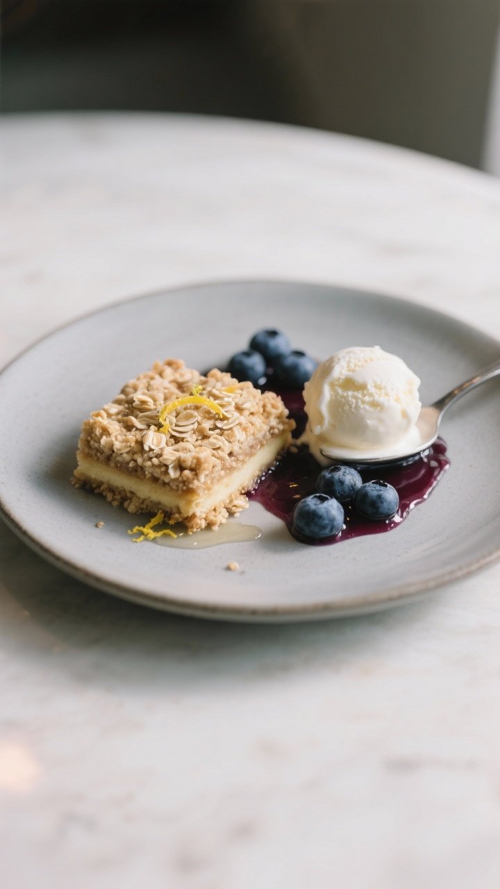 Final plated dessert scene: a single blueberry crumble square on a matte ceramic dessert plate with 