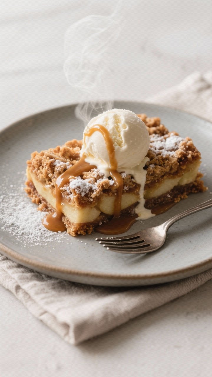 Final plated dessert shot: A single warm cinnamon apple crumble bar served on a matte ceramic desser