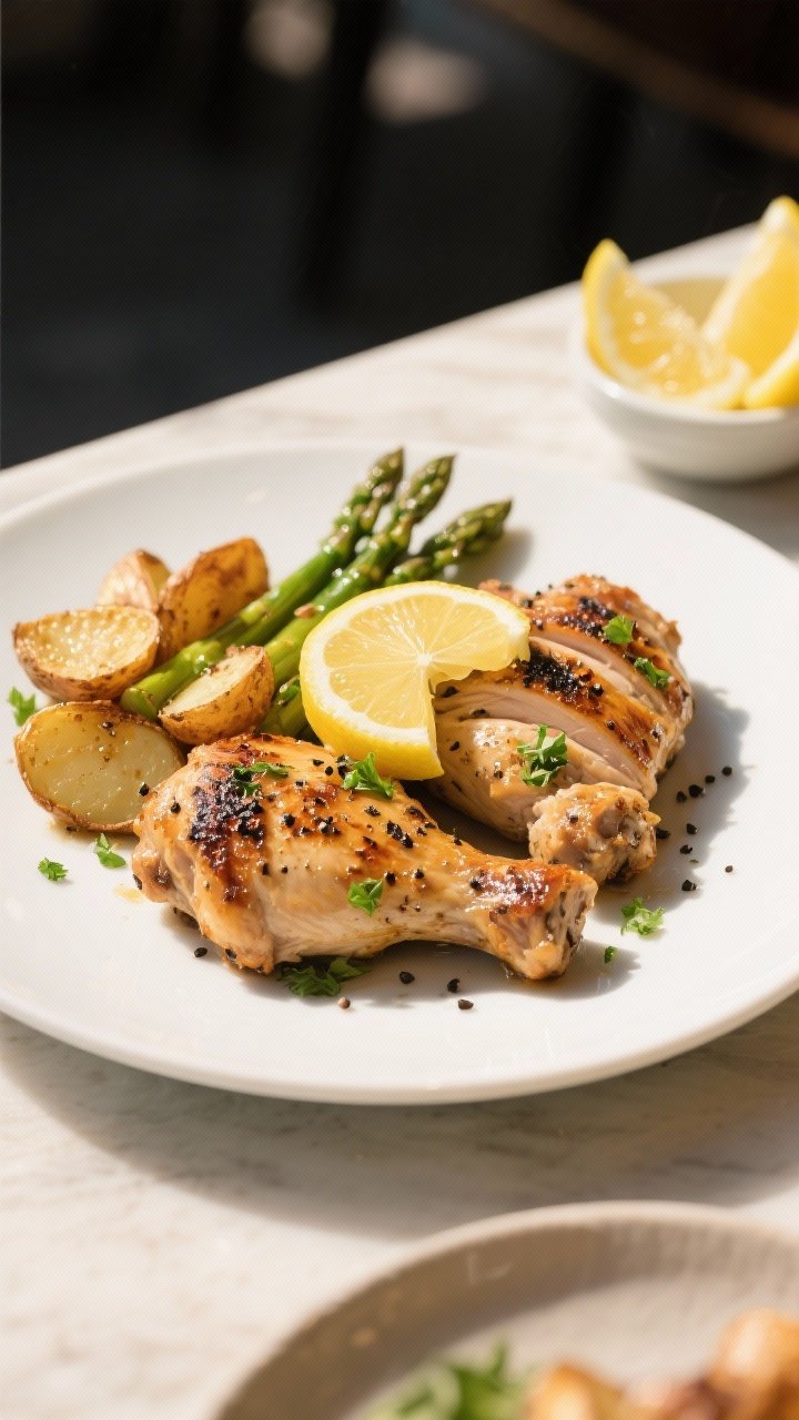 Final plated dish: Beautifully plated Grilled Lemon Pepper Chicken Thighs on a matte white plate, fi