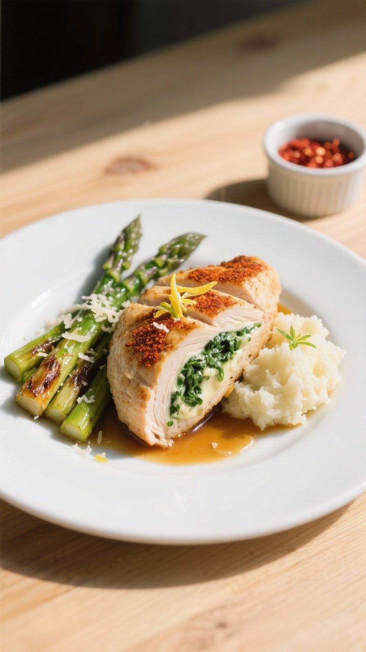 Final plated dish: Beautifully plated keto chicken breast sliced on a bias to reveal creamy spinach-