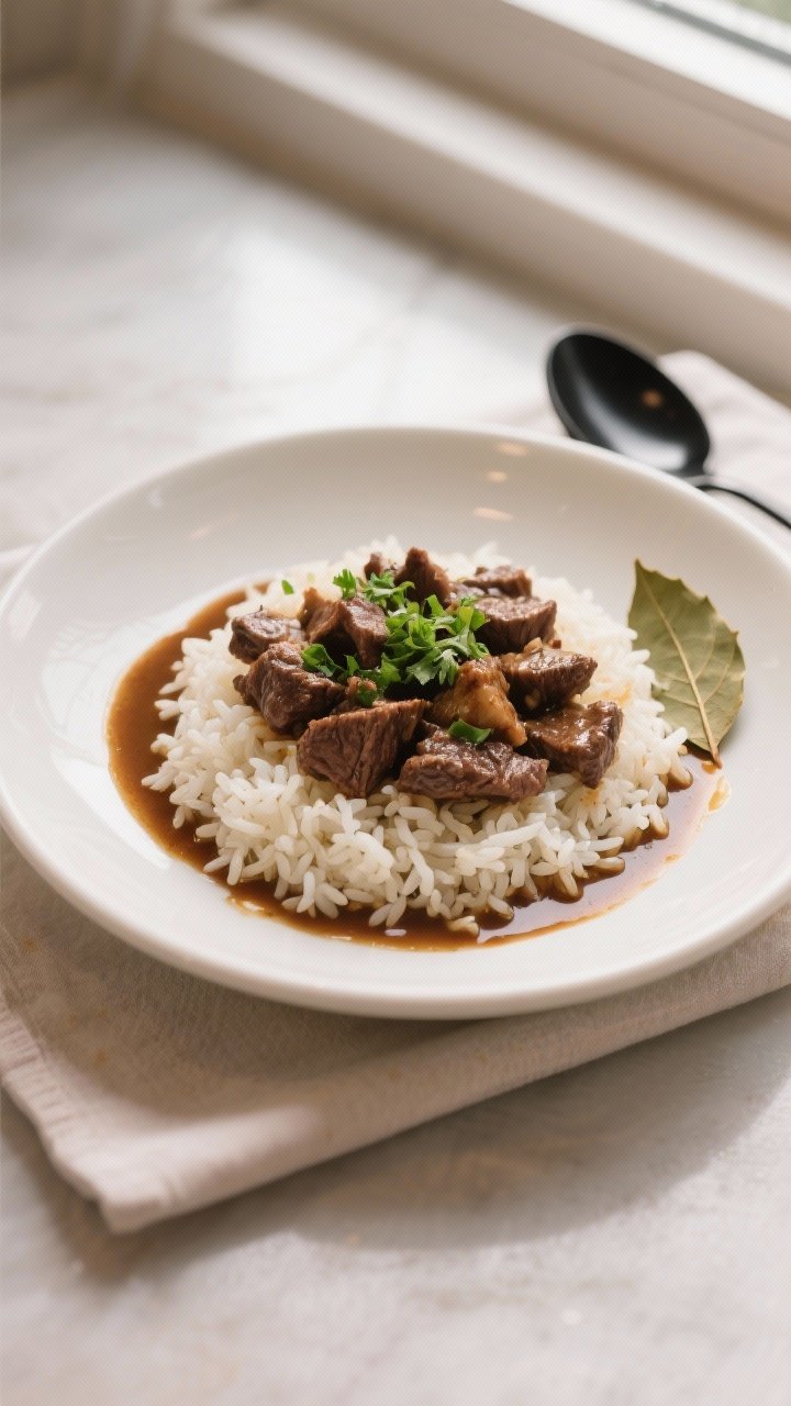 Final plated dish: Beautifully plated slow-cooked beef tips over a bed of fluffy jasmine rice on a w