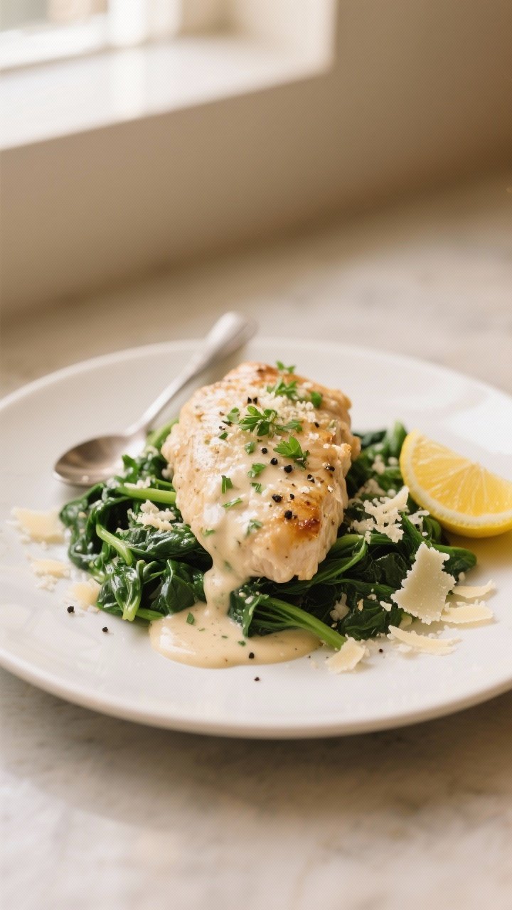 Final plated dish: Creamy Garlic Parmesan Keto Chicken served on a matte white dinner plate over sau