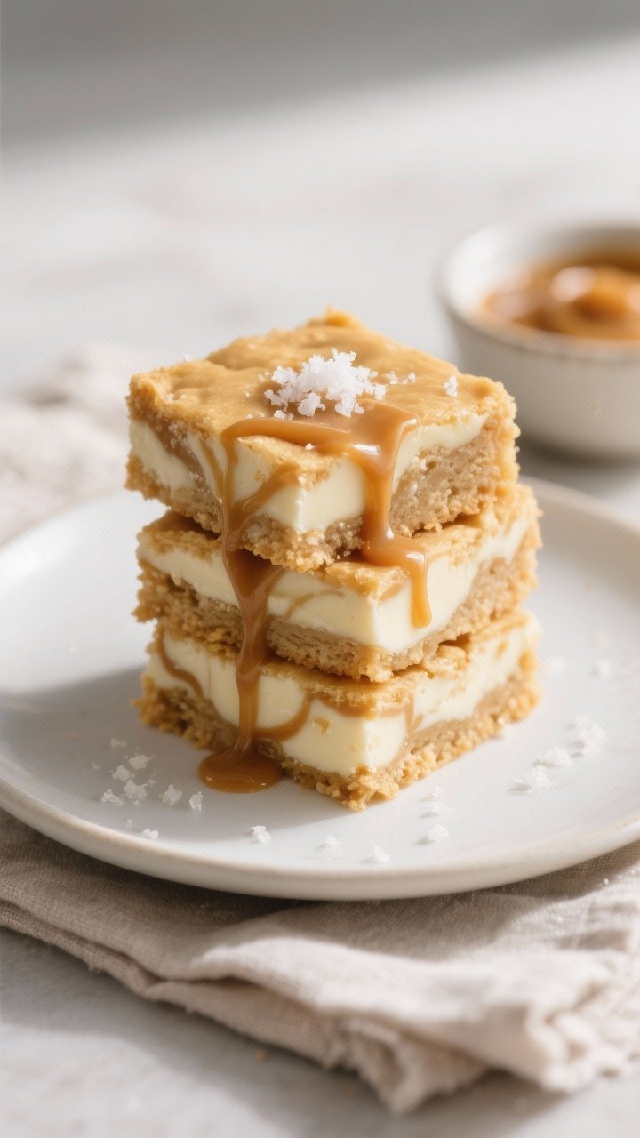 Final plated dish: Neatly cut squares of blondies stacked on a matte white dessert plate, edges clea