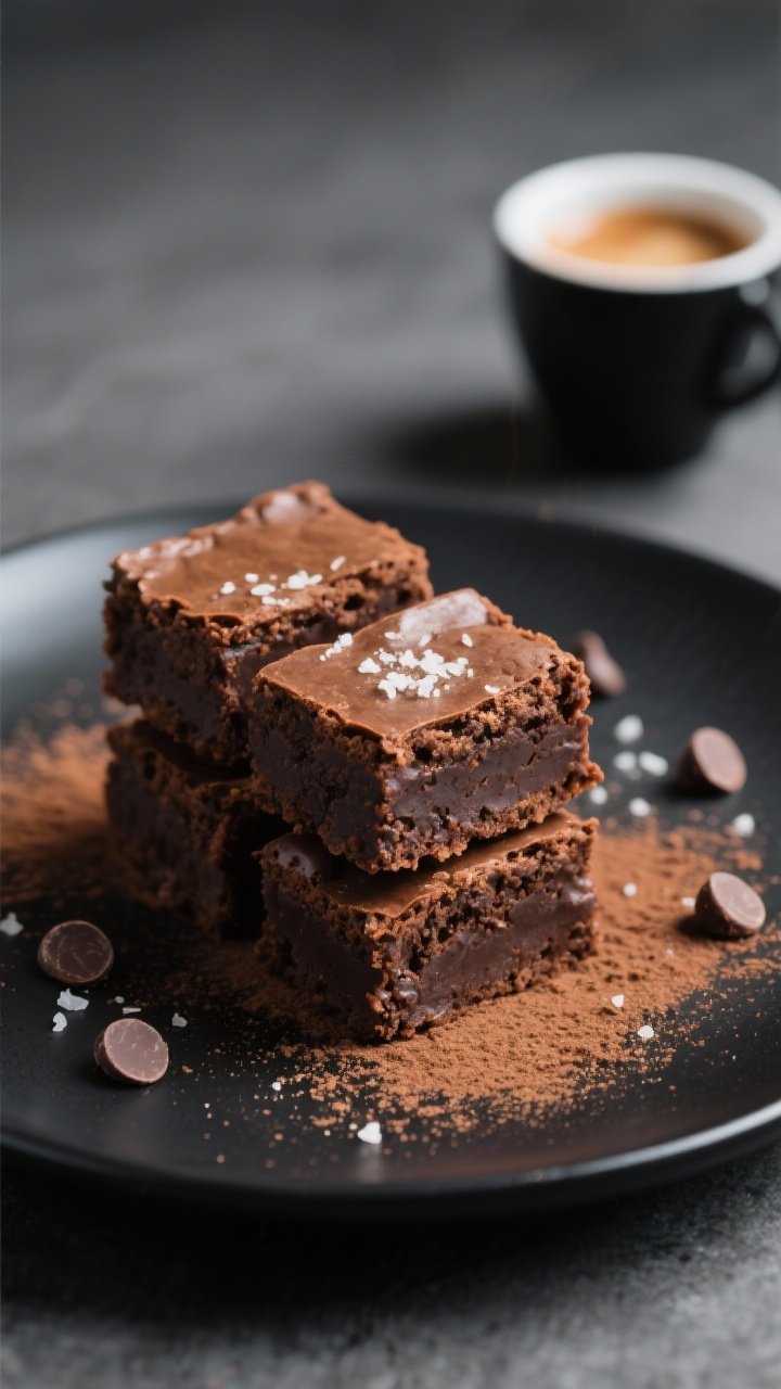 Final plated dish: Restaurant-quality presentation of neatly sliced keto brownies on a matte black p