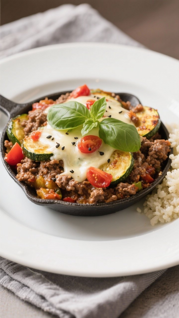 Final plated dish: Restaurant-quality presentation of a generous scoop of the keto ground beef zucch