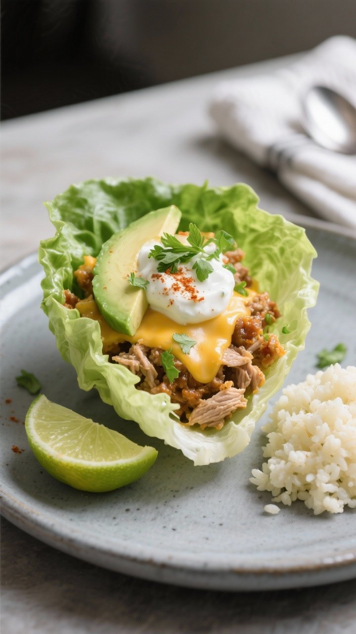 Final plated dish, restaurant-quality presentation: Lettuce cup tacos filled generously with the che