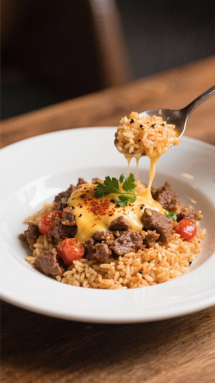 Final plated dish: Restaurant-quality presentation of a hearty scoop of cheesy beef and rice on a wi