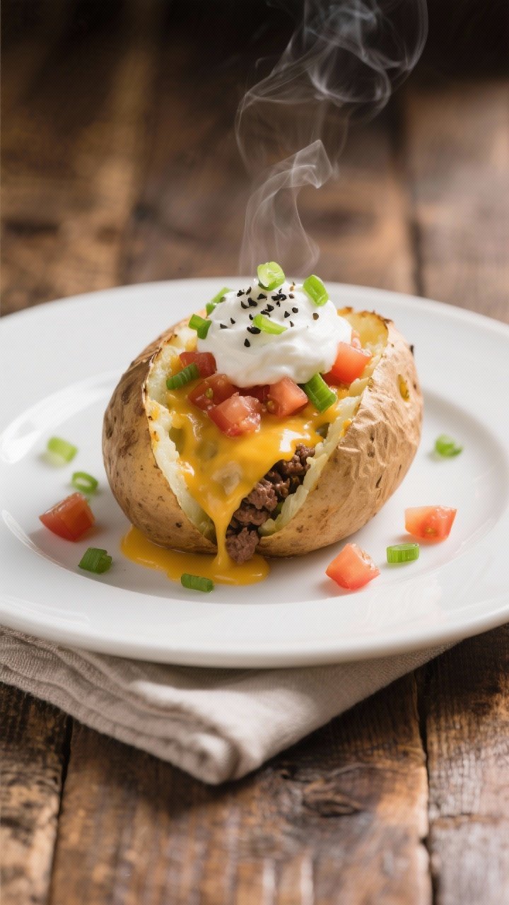 Final plated dish: Restaurant-quality presentation of a single loaded baked potato on a matte white 