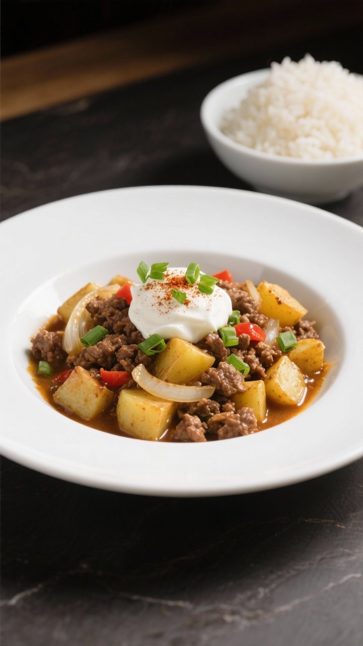 Final plated dish, restaurant-quality presentation: Beautifully plated serving of the one-pan ground