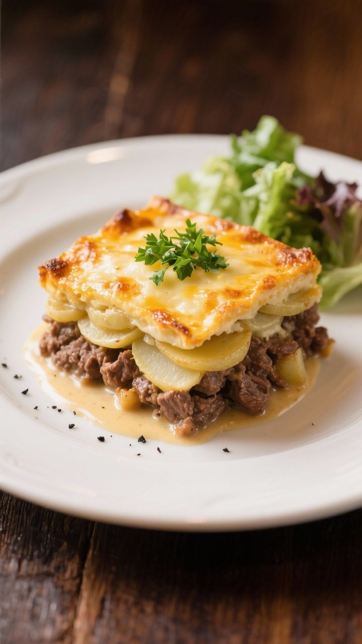 Final plated dish: Restaurant-quality presentation of a hearty square of creamy beef and potato cass