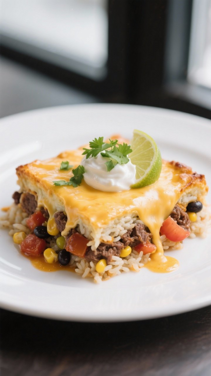 Final plated dish, restaurant-quality presentation: A generous square of Tex-Mex beef and rice bake 