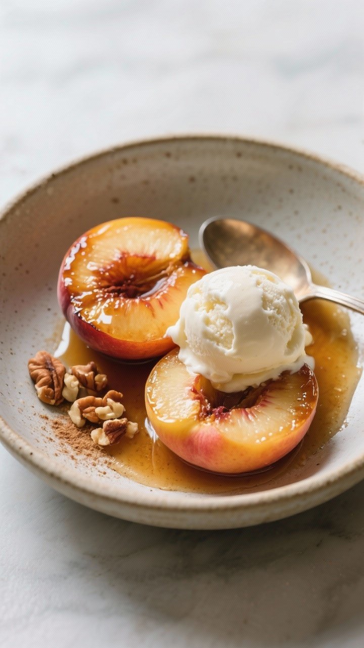 Final plated dish: Restaurant-quality presentation of two cinnamon honey baked peach halves plated i