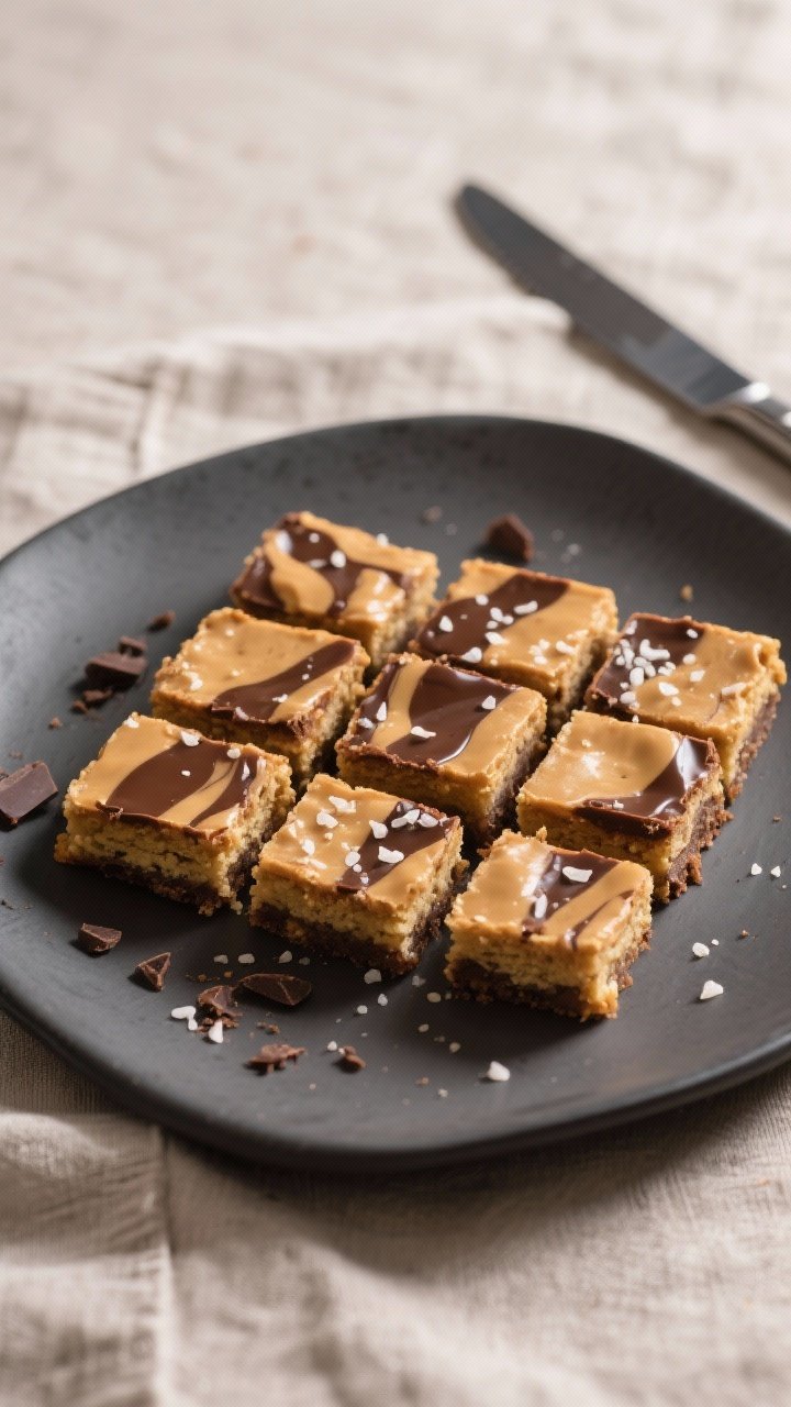 Final plated dish: Restaurant-quality presentation of neatly sliced blondie squares (9 pieces) on a 