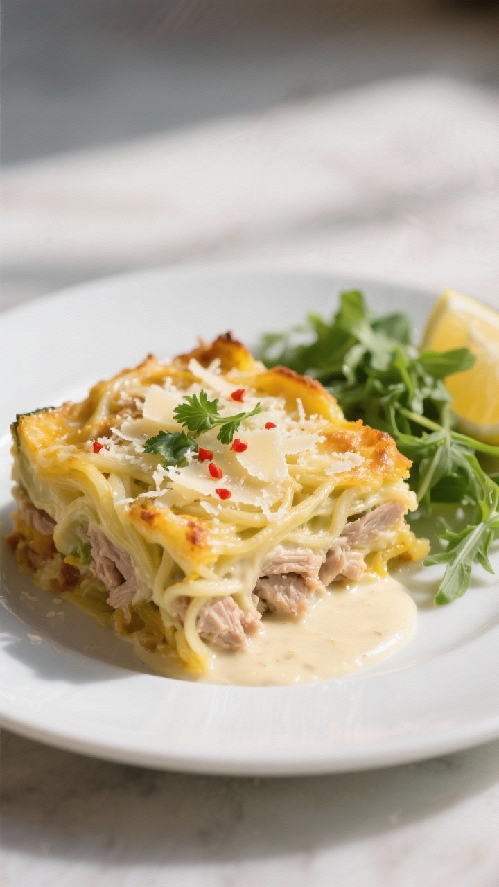 Final plated dish: Restaurant-quality presentation of a generous square of Keto Turkey Alfredo Spagh