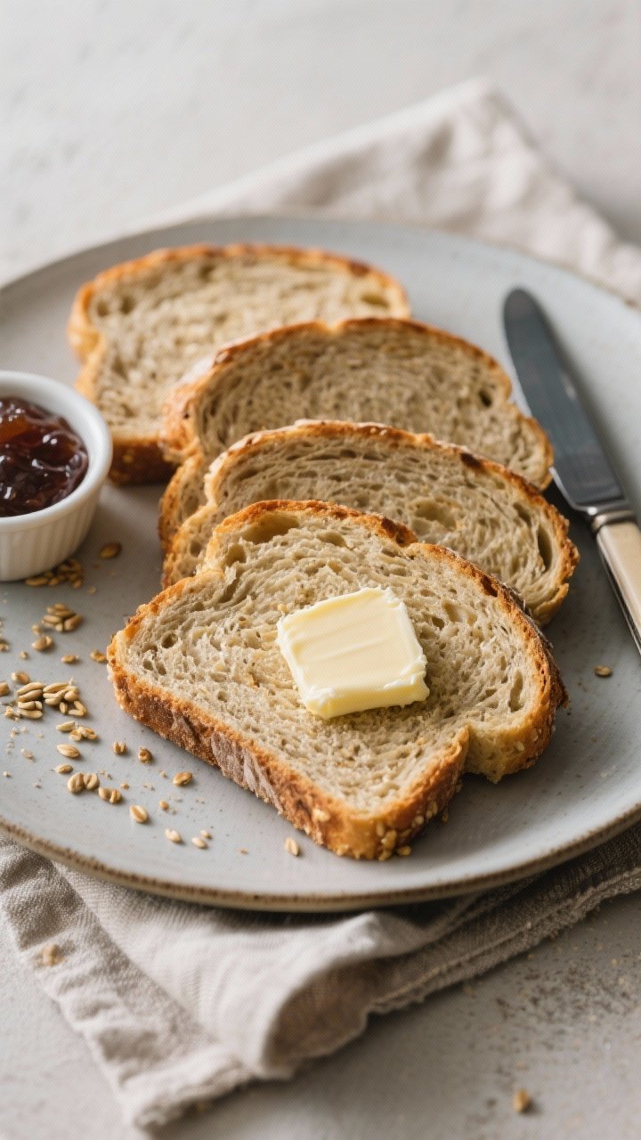 Final plated dish shot: Beautifully plated slices of keto sunflower seed flour bread toasted to a li
