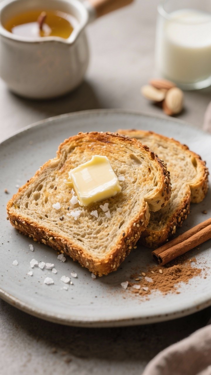 Final plated dish: Toasted slices of keto flaxseed meal bread on a matte ceramic plate, edges crispe