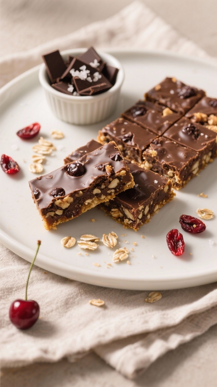 Final plated: Overhead hero shot of neatly sliced Dark Chocolate Cherry Oat Bars arranged on a matte