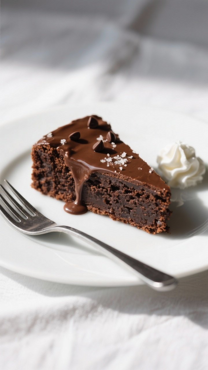 Final plated presentation: A single neat slice of fudgy gluten-free chocolate cake on a simple white