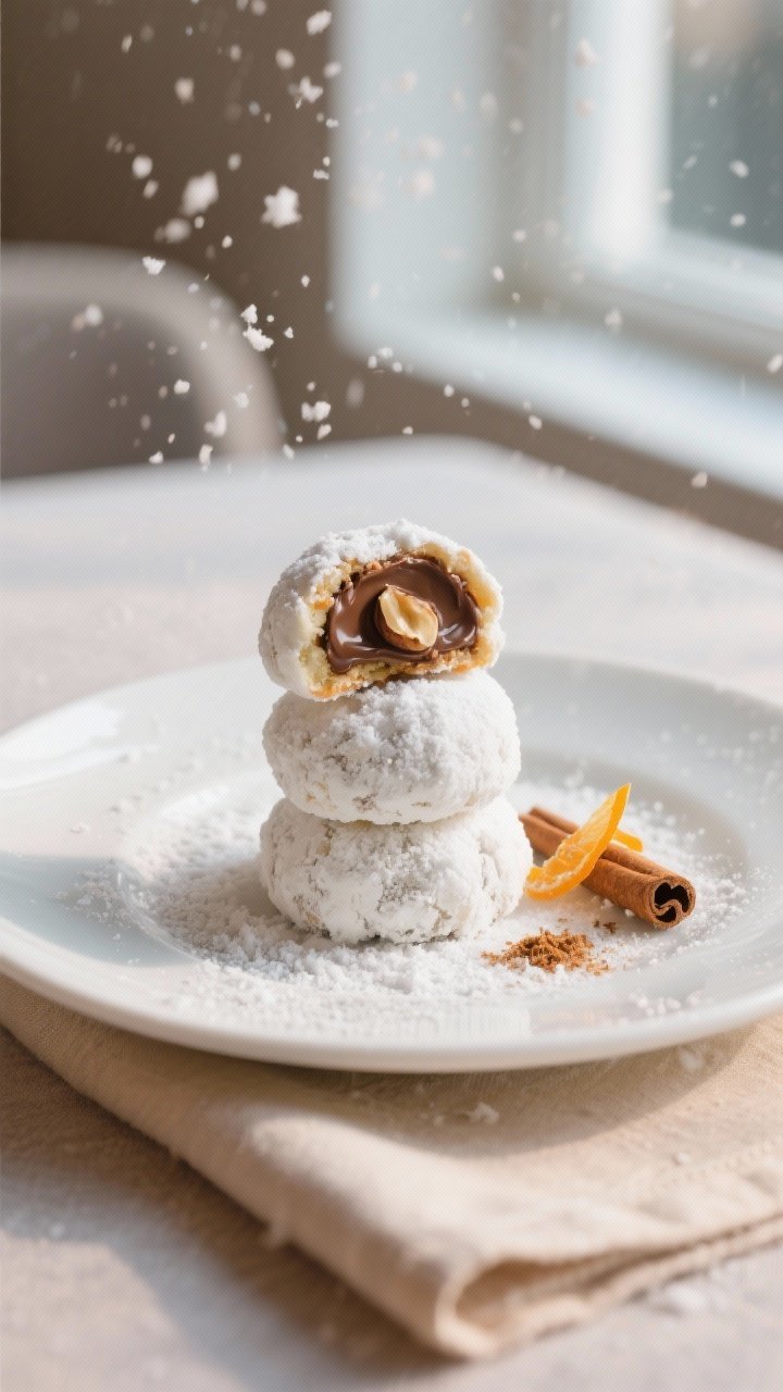 Final plated presentation: a small stack of Nutella stuffed snowball cookies on a matte white desser