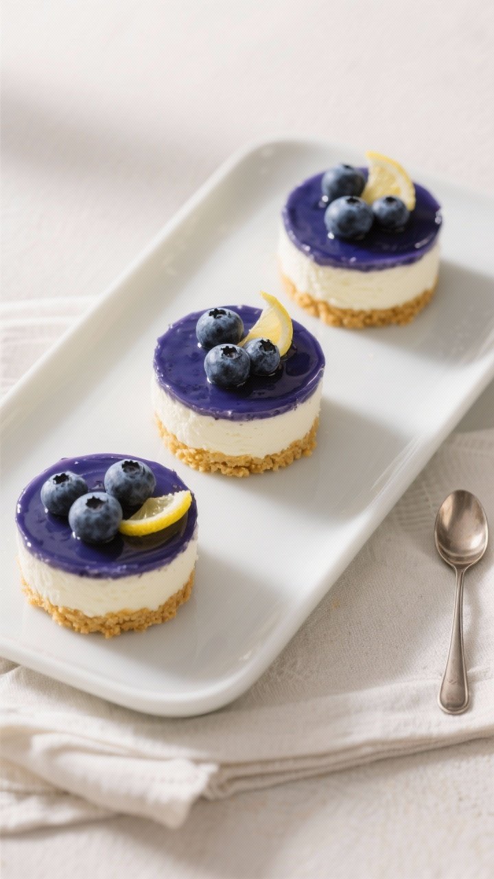 Final plated presentation: Elegant trio of finished no-bake blueberry cheesecake cups on a matte whi